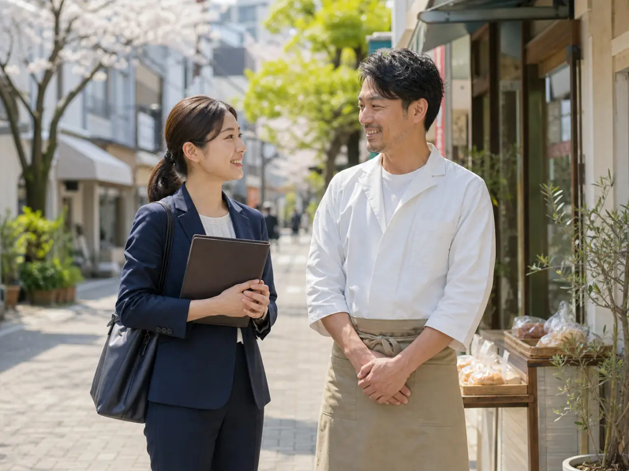 商店街で地域の人と話す架空の学生チーム