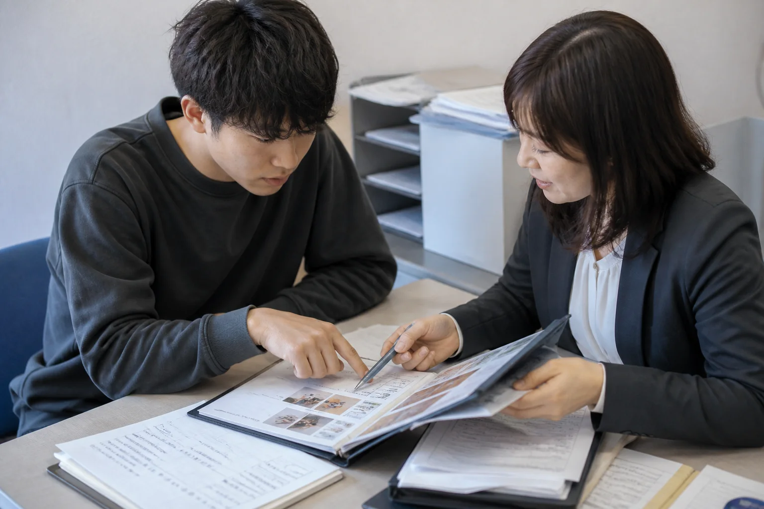 提出資料を見ながら対話する架空の学生と相談員