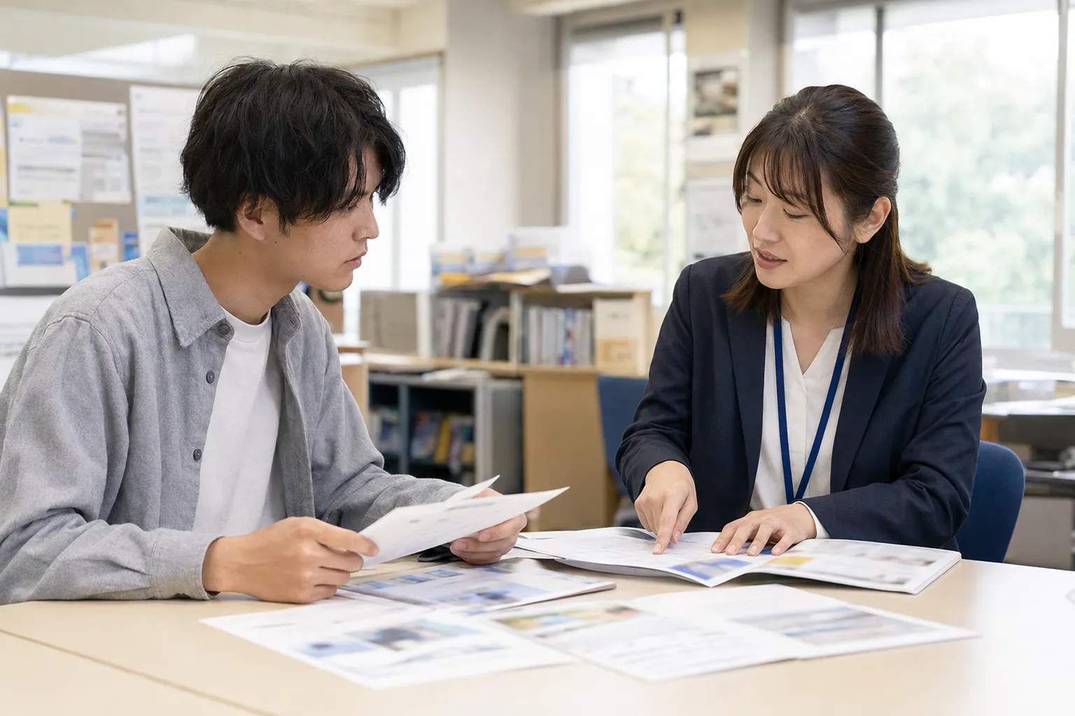 求人票と企業資料を広げて比較する架空の学生とキャリア相談員