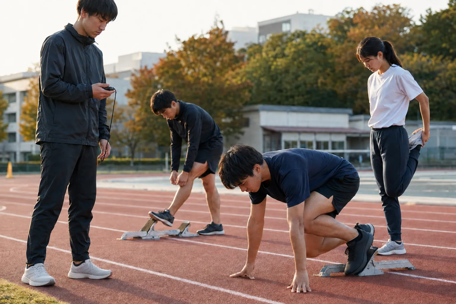 夕方の陸上トラックでスタート練習をする架空の大学生たち