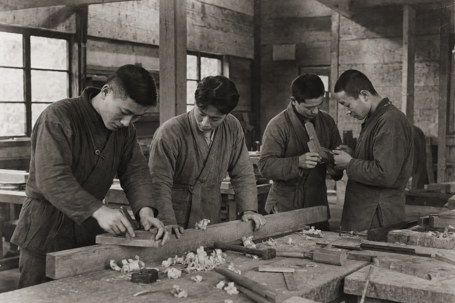 1926年頃の木工実習室で手仕事を学ぶ架空の学生たち
