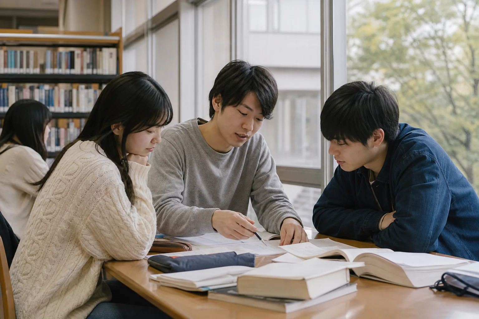 図書館で学修記録を見直す架空の学生たち