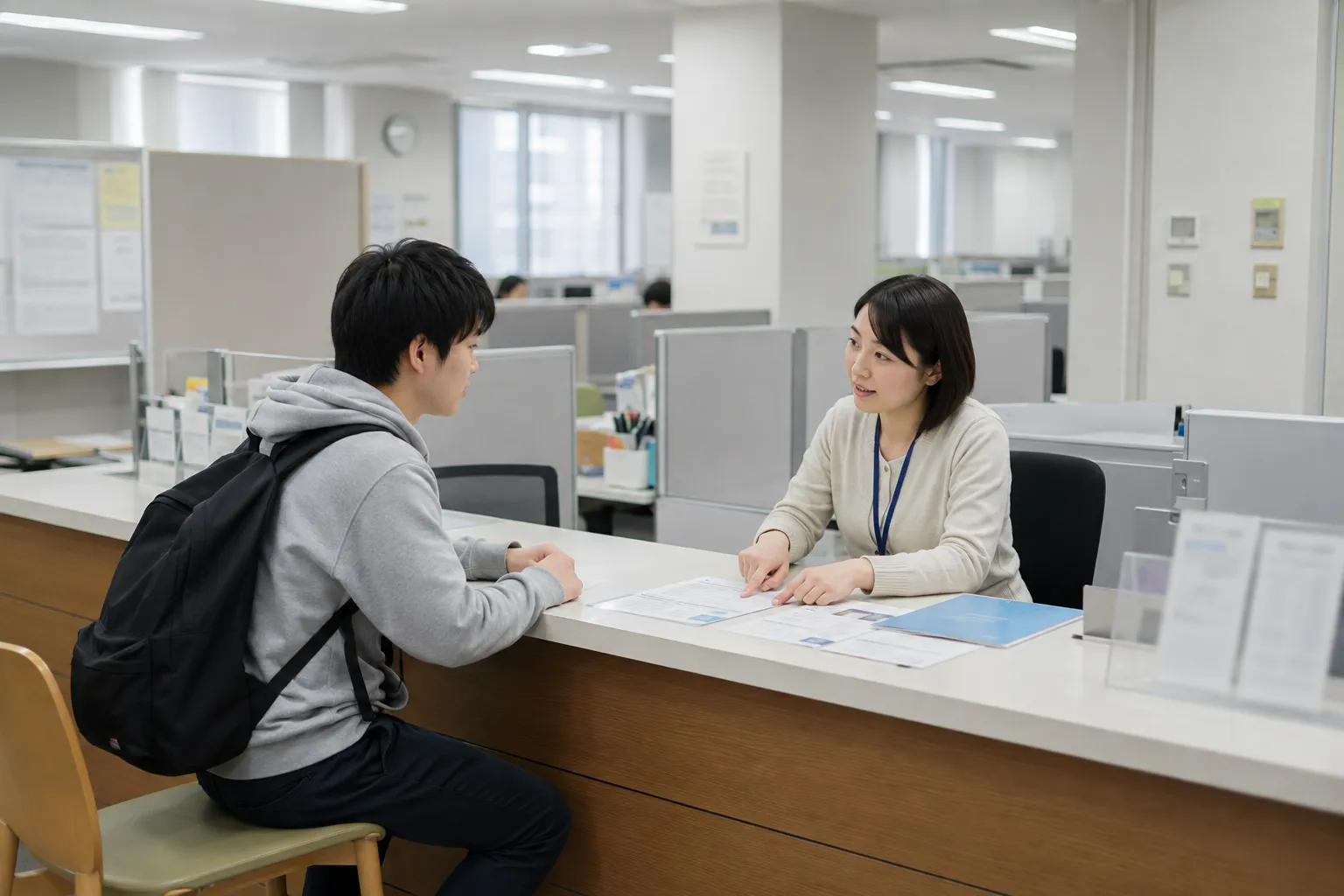 学生支援窓口で費用と奨学金の書類を確認する架空の相談者と職員