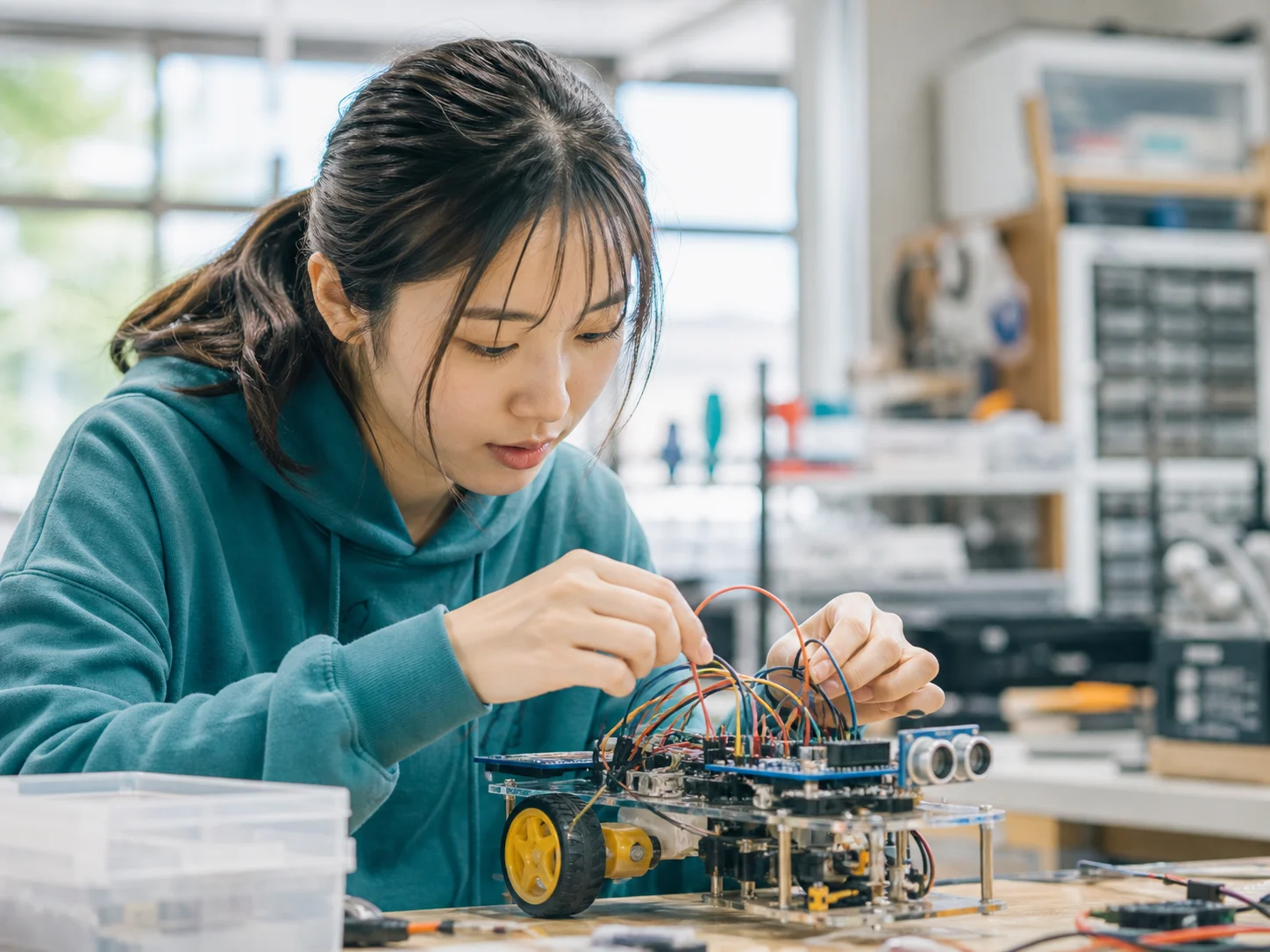 試作ロボットの配線を調整する架空の学生