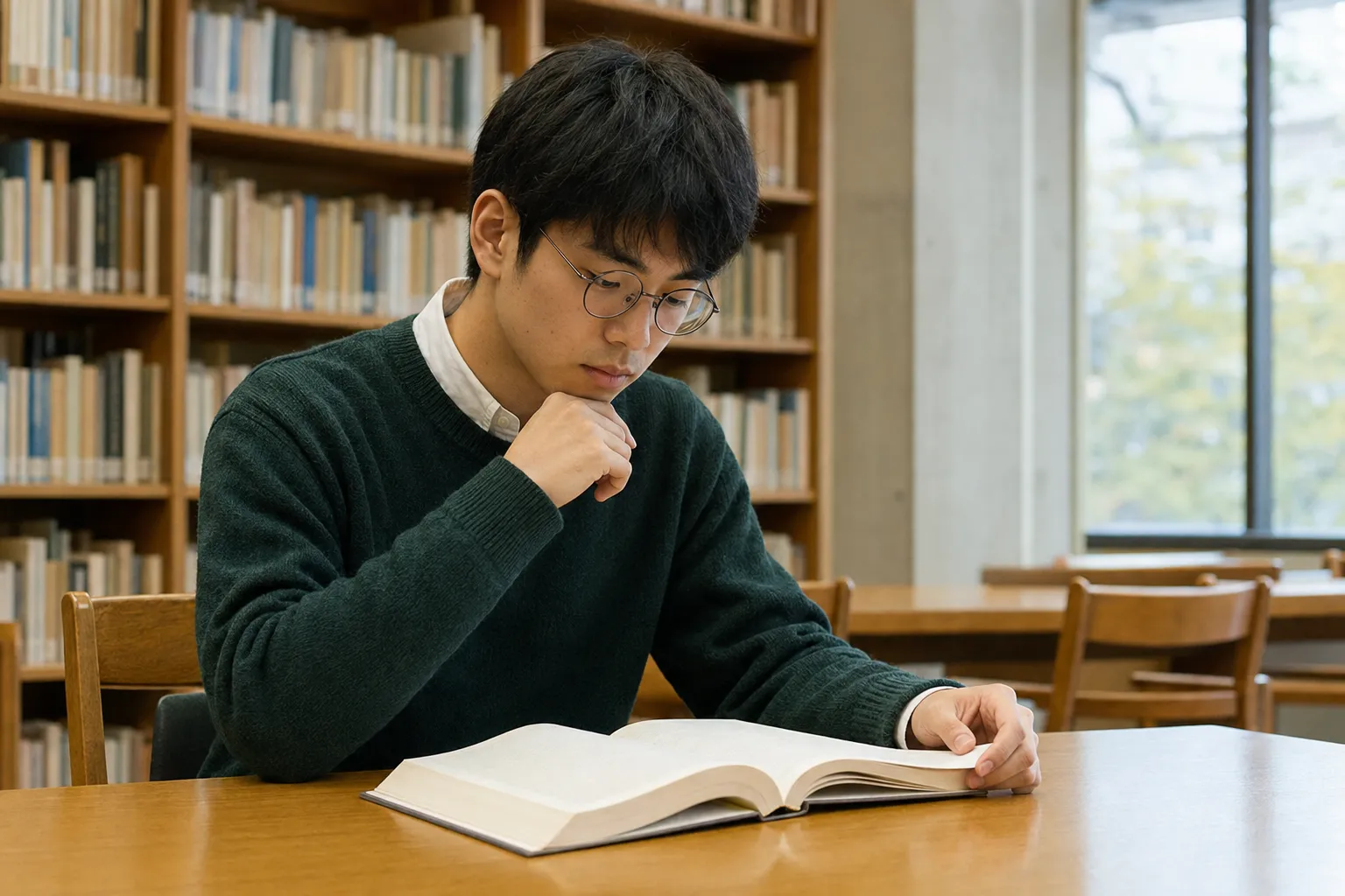 放課後の図書館で参考書を開いて考える架空の学生