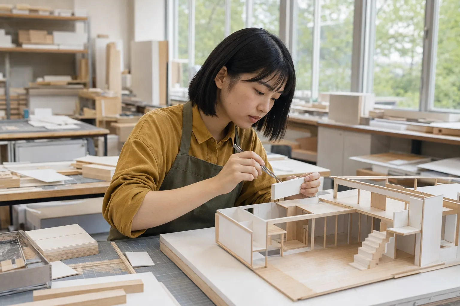 模型室で建築模型を調整する架空の学生