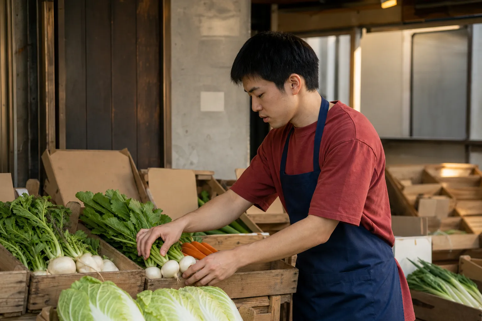 春岡商店街の朝市で野菜を並べる架空の学生