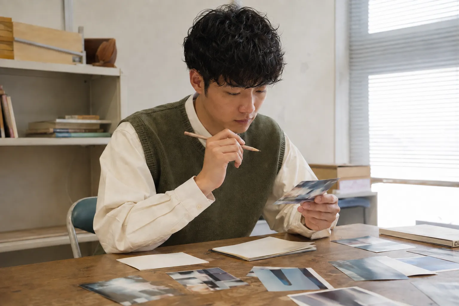 学生会館の部室でフィルム写真と短歌のメモを見比べる架空の学生