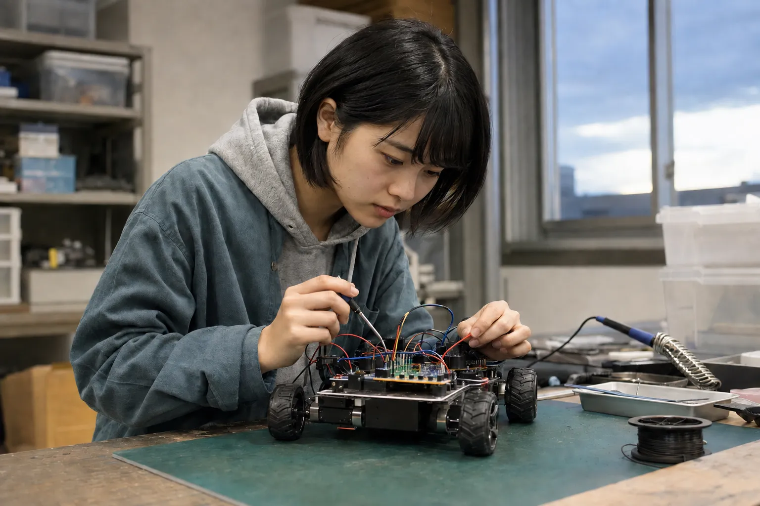 電子工作ラボで小型ロボットの配線を確認する架空の学生