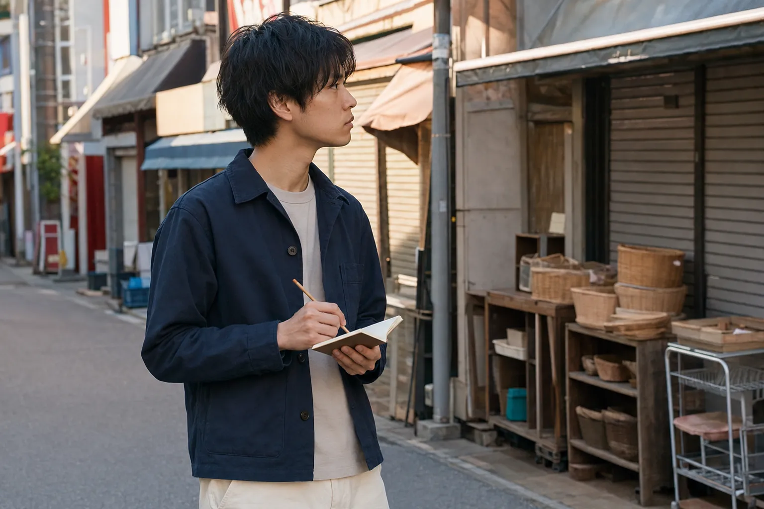 商店街の街角で小さなノートに言葉を記録する架空の学生